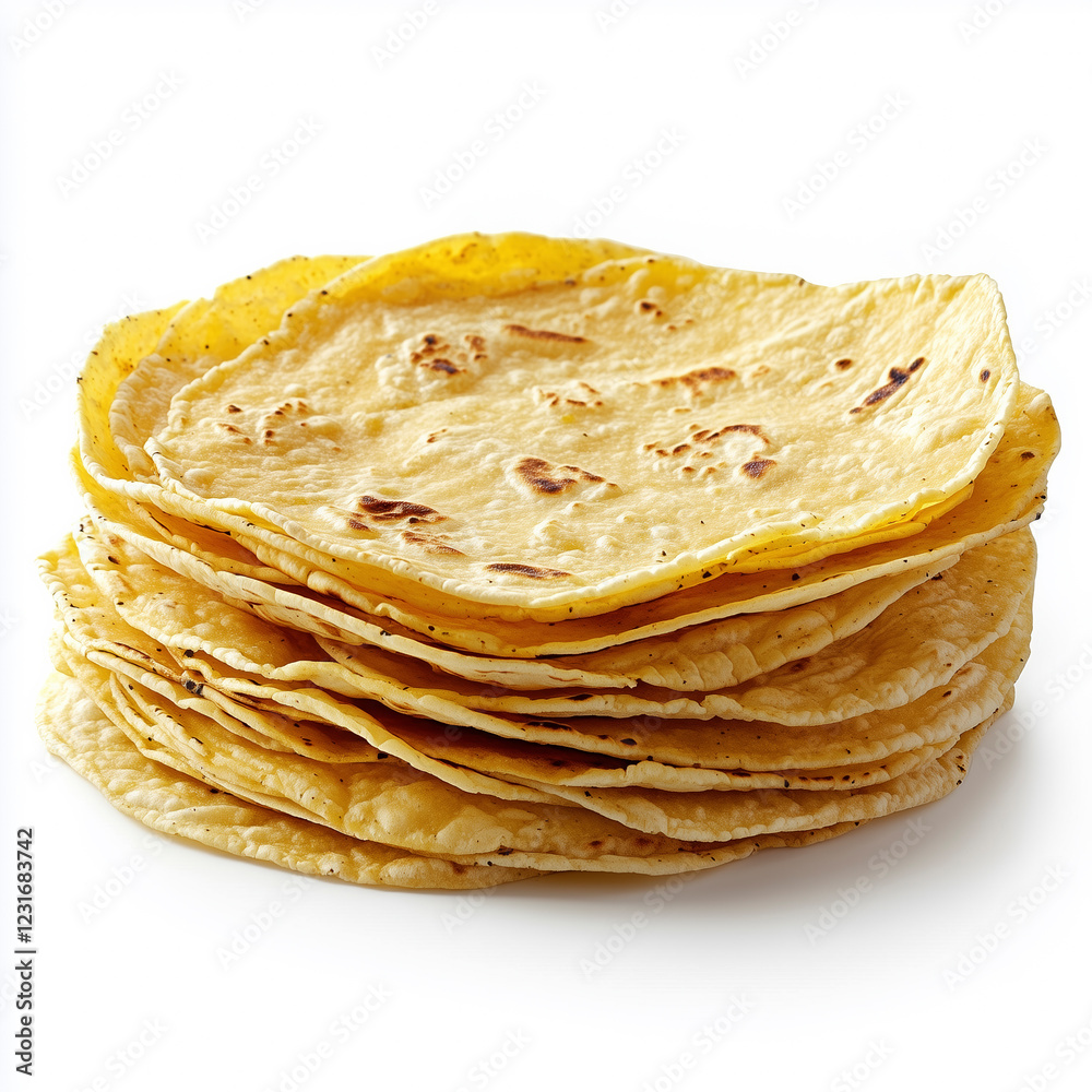 Square-format image focusing on tortilla stack textures on white background.