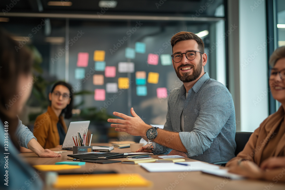 Happy creative marketing team working in a new project together at meeting room in office Happy creative marketing team working in a new project together at meeting room in office