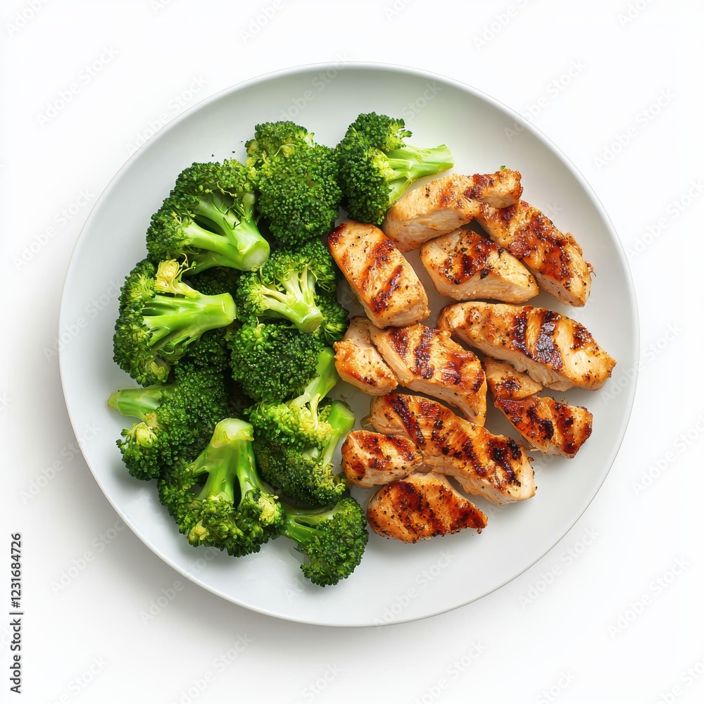 Plate of steamed broccoli and grilled chicken, centered on a clean white background