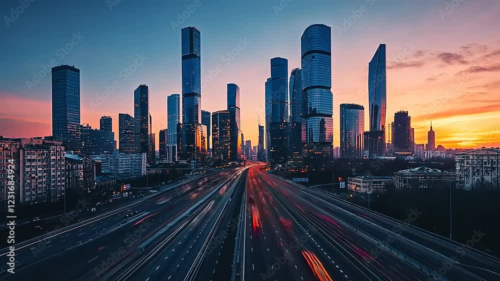 Urban Landscape at Dusk with Towering Skyscrapers and Traffic Urban Landscape at Dusk with Towering Skyscrapers and Traffic