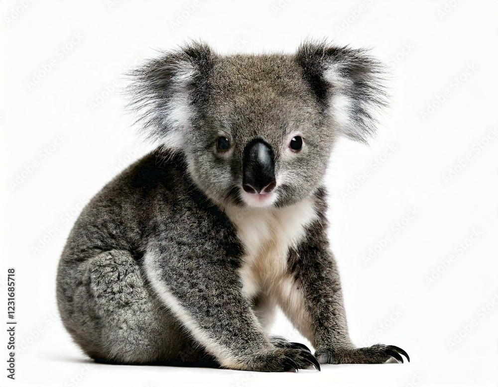 Fototapeta premium Young koala, Phascolarctos cinereus, 14 months old, sitting in front