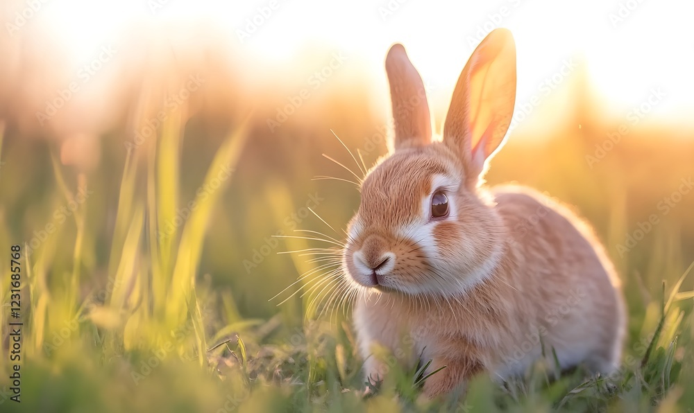 Fototapeta premium Rabbit running around in green grass, Generative AI
