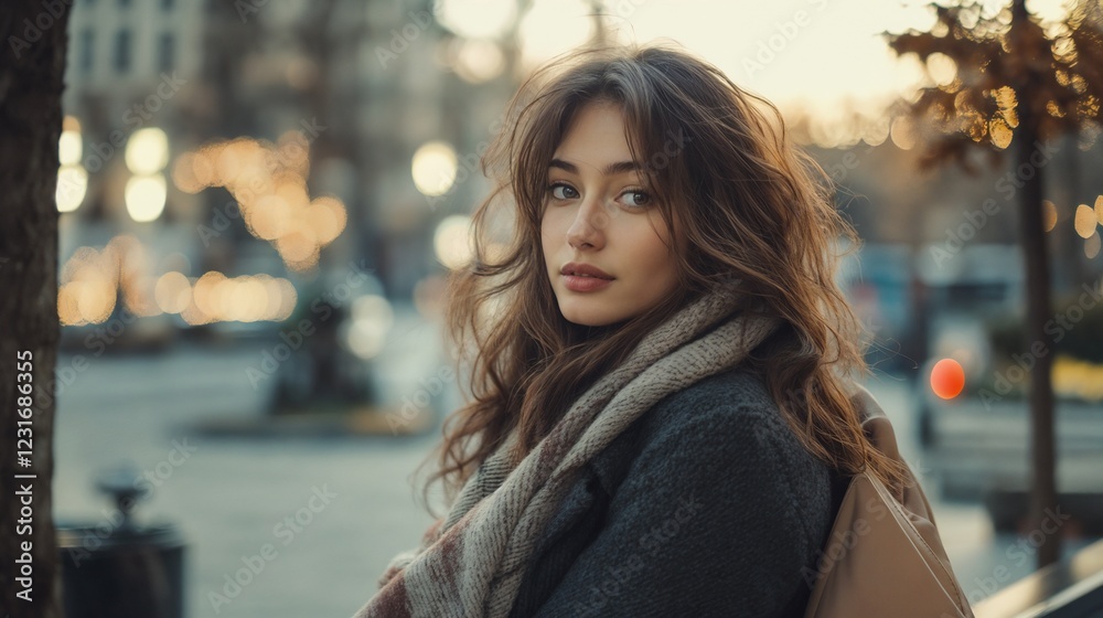 Fototapeta premium Woman in winter coat against city sunset. Ideal for urban fashion and city lifestyle content.