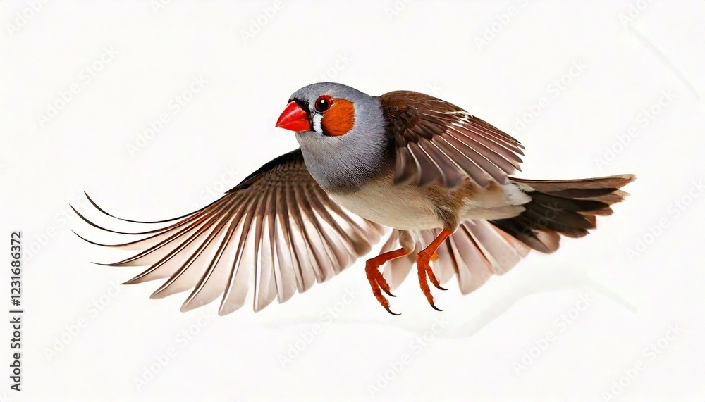 Obraz premium Zebra Finch flying, Taeniopygia guttata, against white background