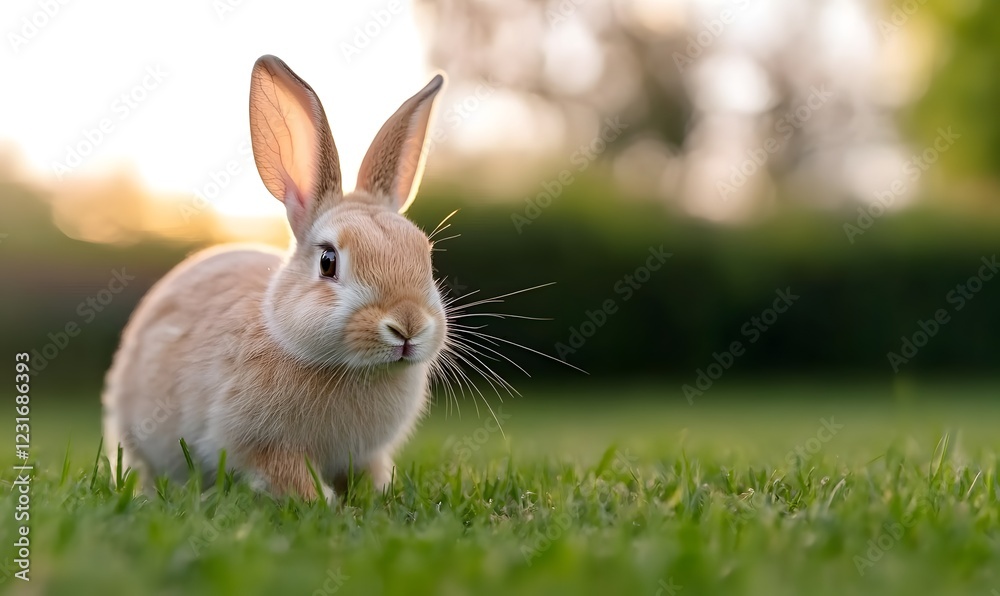 Fototapeta premium Rabbit running around in green grass, Generative AI