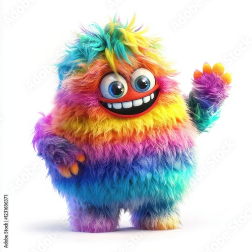 Rainbow-striped monster with soft fluffy fur and a friendly wave, placed on a bright white background