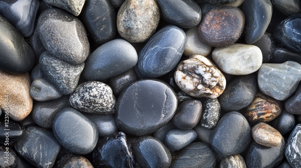 Full-frame close-up of beautifully arranged river rocks. The stone comes in shades of grey, black and white, with subtle textures and natural patterns. Full-frame close-up of beautifully arranged river rocks. The stone comes in shades of grey, black and white, with subtle textures and natural patterns.