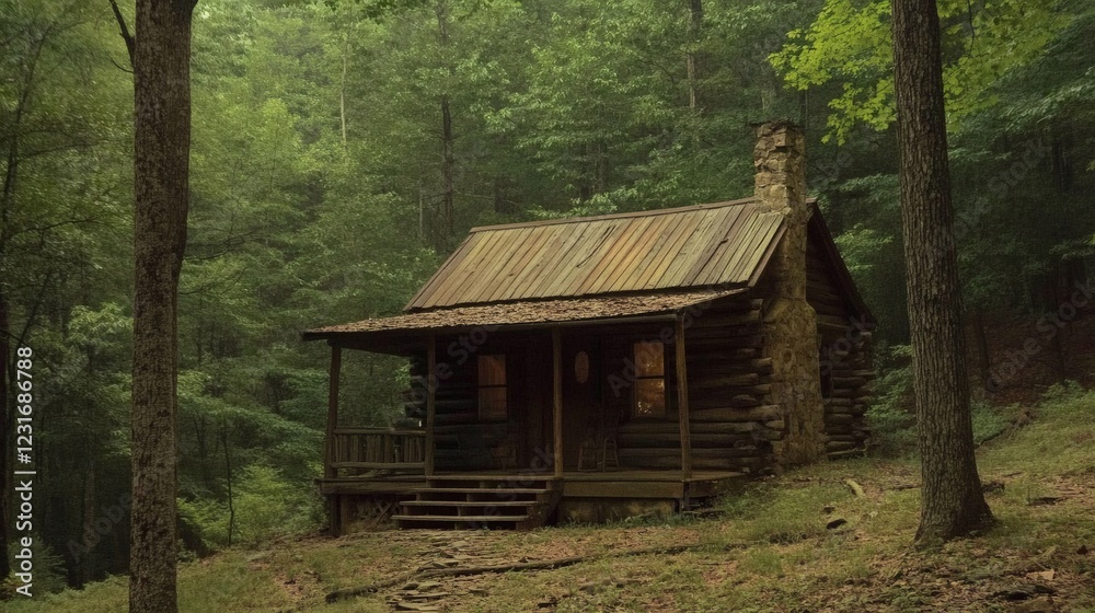 Secluded Log Cabin in a Misty Forest Secluded Log Cabin in a Misty Forest