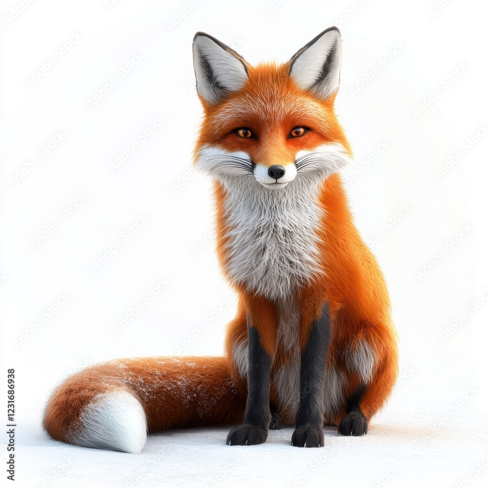 Fototapeta premium Red fox with a bushy tail sitting in the snow, placed on a bright white background