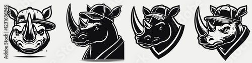 A stylized illustration of a rhinoceros in various poses, featuring a cap and bold lines, conveying an edgy and modern aesthetic. photo