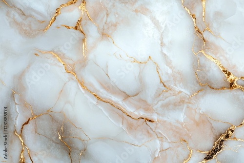 Close-up photo of luxurious white marble With a subtle pink undertone and dramatic gold lines running across the polished surface. photo