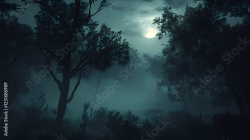 misty forest at night