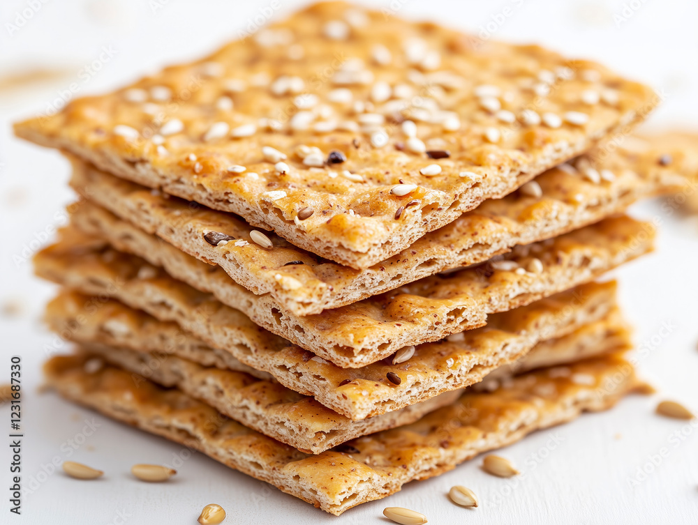 Close-up of whole grain crackers stack with seeds and textures, isolated for professional use. Close-up of whole grain crackers stack with seeds and textures, isolated for professional use.