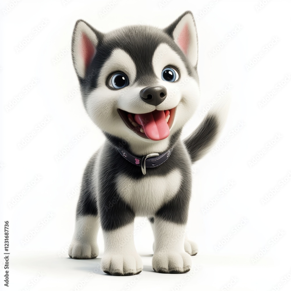 Playful Husky puppy with a black-and-white coat and a wagging tail, placed on a bright white background Playful Husky puppy with a black-and-white coat and a wagging tail, placed on a bright white background