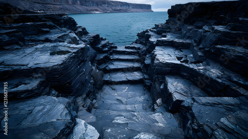 Stone steps descend to arctic fjord; cliffs, water.  Travel brochure