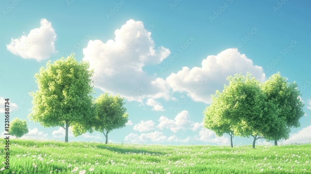 Fototapeta premium illustration of Summer fields landscape with a dawn,Rainbow, green grass hills, bright color blue sky, country background,banner resting vacation.
