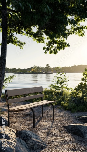 Photorealistic post modern interior with park bench and sunny stockholm archipelago background