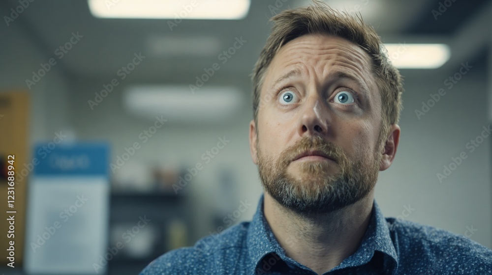 Obraz premium Man with surprised expression in office setting. Suitable for workplace emotion and business reaction content.