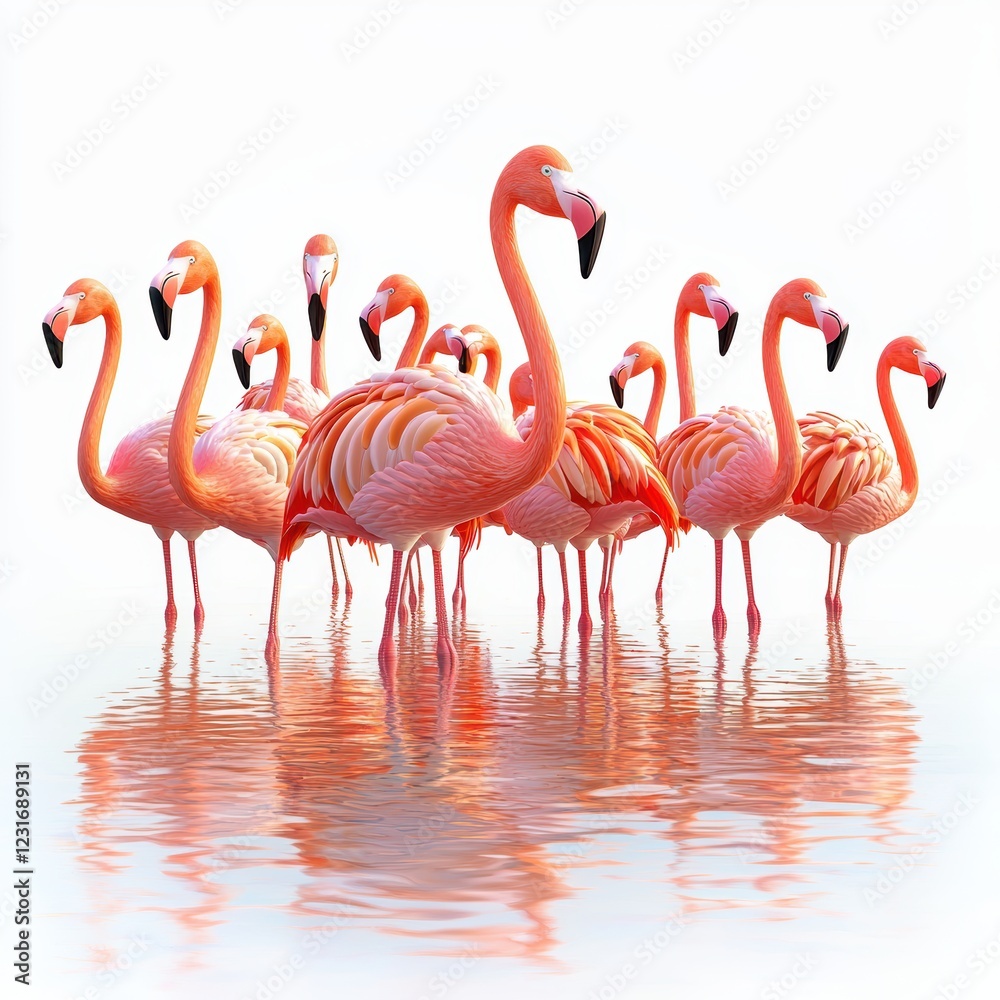 Flock of flamingos standing in shallow water, placed on a bright white background Flock of flamingos standing in shallow water, placed on a bright white background