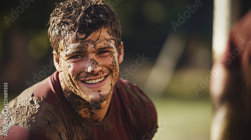 A smiling athlete in a mud-covered jersey after an intense game on the field