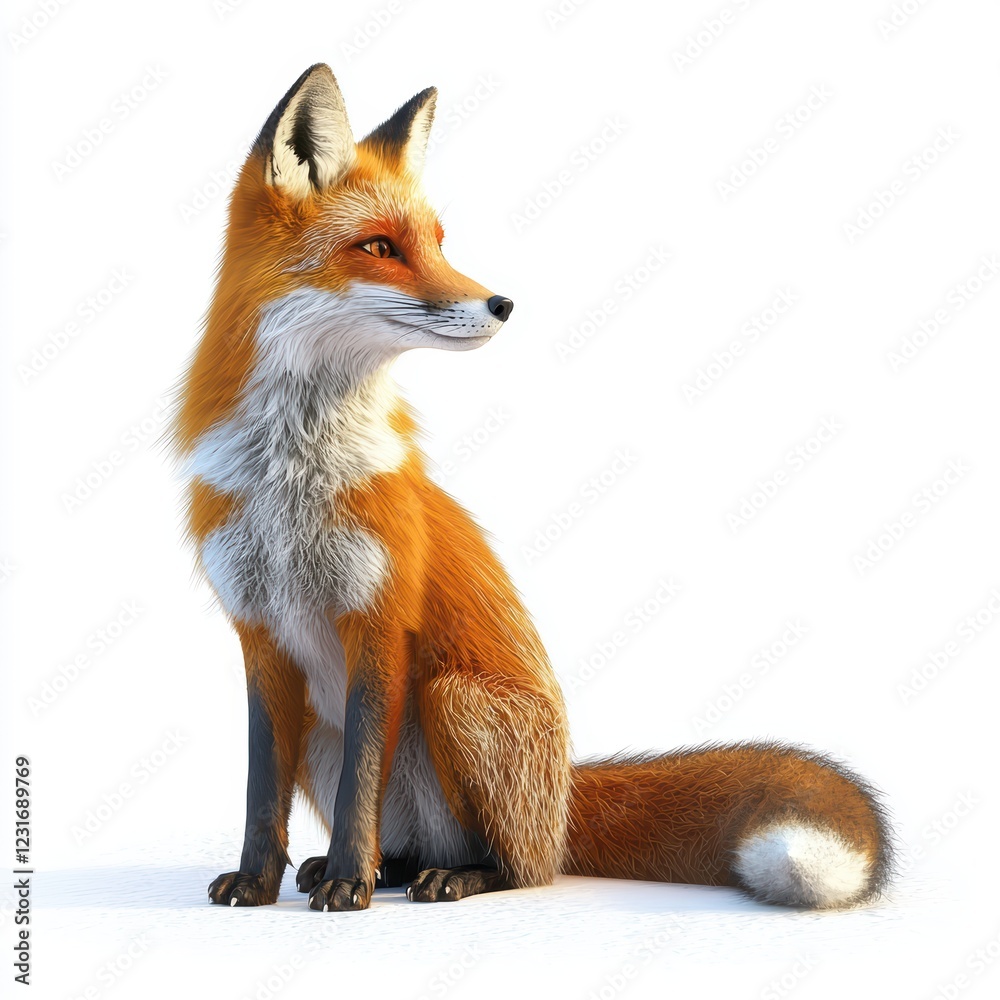Obraz premium Red fox with a bushy tail sitting in the snow, placed on a bright white background