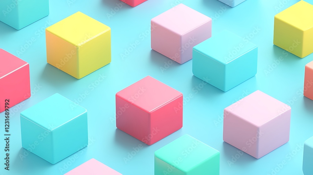 Colorful geometric cubes arranged on a vibrant blue background creating a playful abstract design Colorful geometric cubes arranged on a vibrant blue background creating a playful abstract design