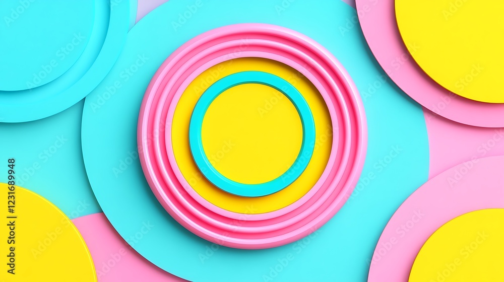 Obraz premium Colorful Geometric Layers of Plates and Circles in Pink, Yellow, and Blue Tones for Abstract Art Background