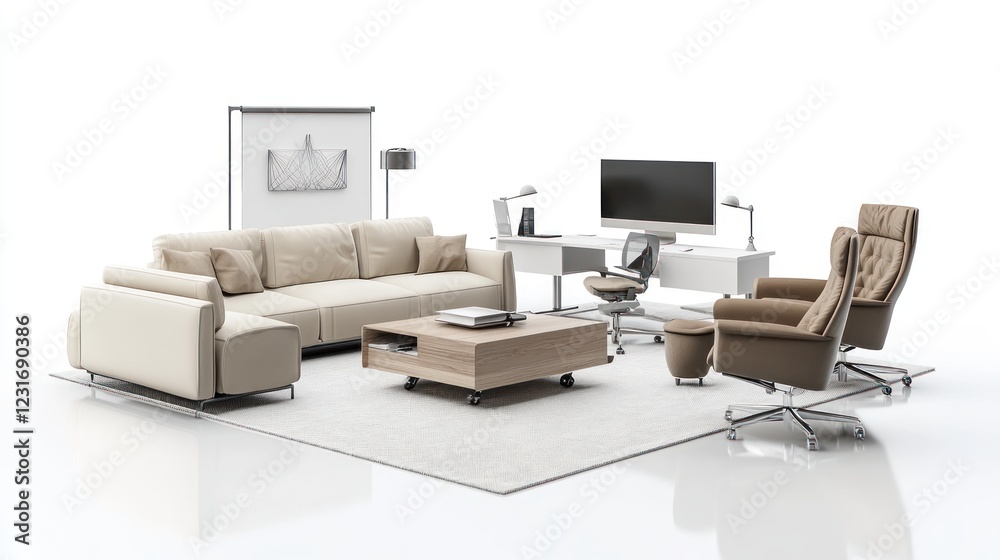 Modern Office Setup with Neutral Tones Featuring a Sofa, Desk, and Comfortable Chairs Modern Office Setup with Neutral Tones Featuring a Sofa, Desk, and Comfortable Chairs