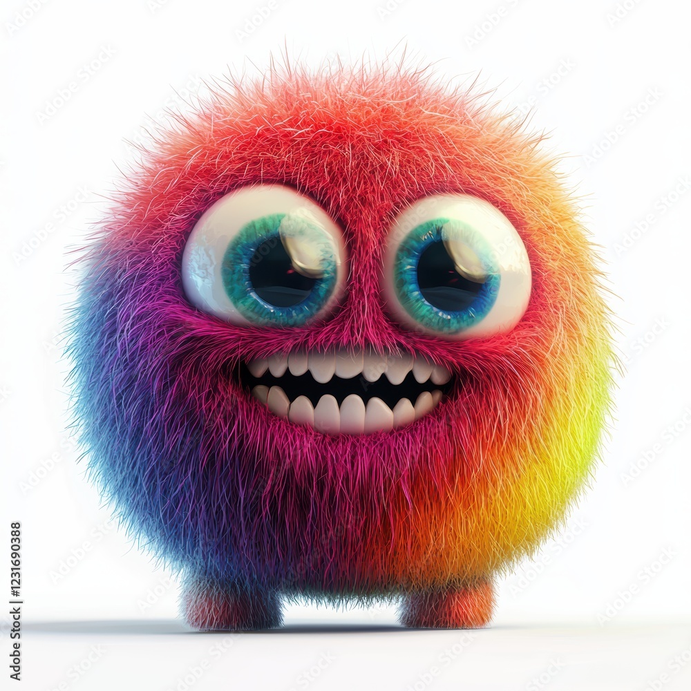 Obraz premium Fluffy rainbow-colored monster with big round eyes and a friendly smile, isolated on a clean white background
