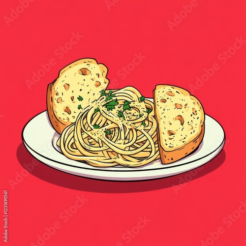 vector style flat illustration carbonara pasta, side view, red solid background, warm and bold, carbonara plated with garlic bread and herbs, clean and appetizing. clean lines 2D design photo