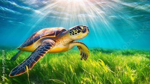 seagrass meadow with turtle photo