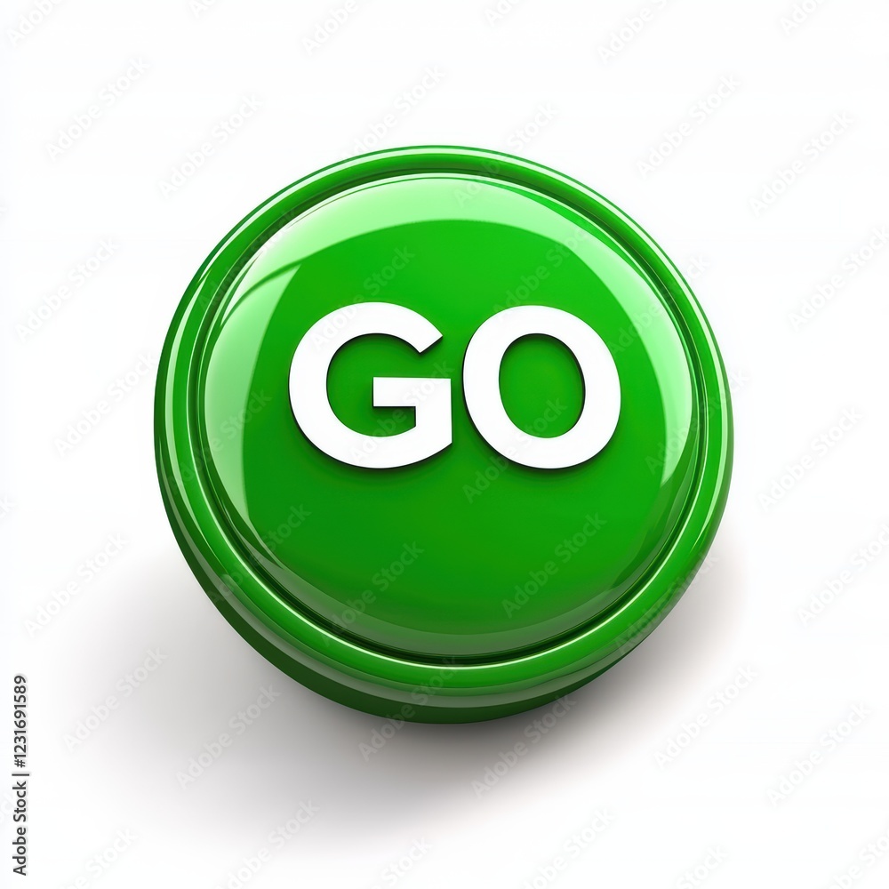 Shiny green button with GO written in bold white letters, isolated on a clean white background Shiny green button with GO written in bold white letters, isolated on a clean white background