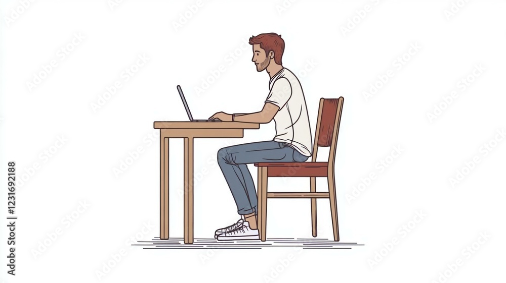Fototapeta premium Young Man Working on Laptop at Desk in Minimalist Home Office Setting