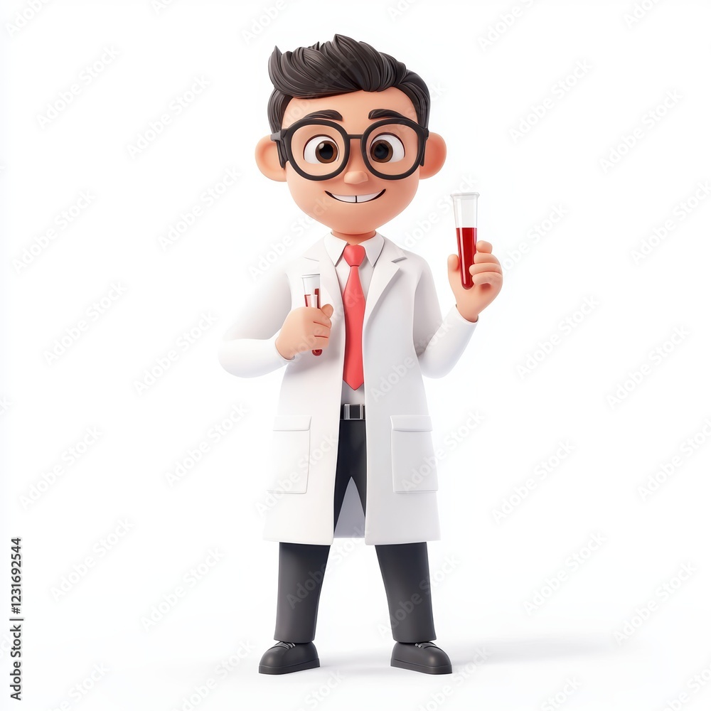 Scientist wearing a lab coat and holding a test tube, centered on a clean white background Scientist wearing a lab coat and holding a test tube, centered on a clean white background