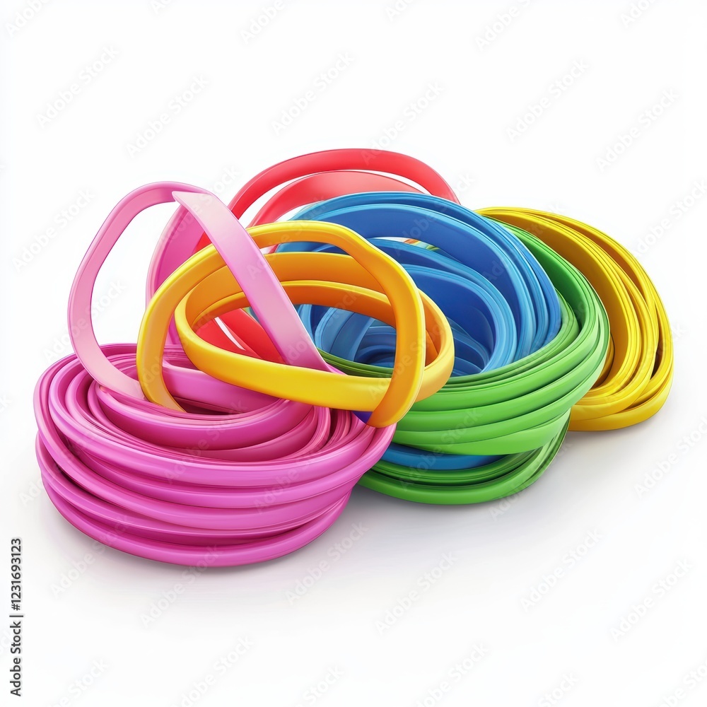 Set of fitness resistance bands in various bright colors, placed on a bright white background Set of fitness resistance bands in various bright colors, placed on a bright white background