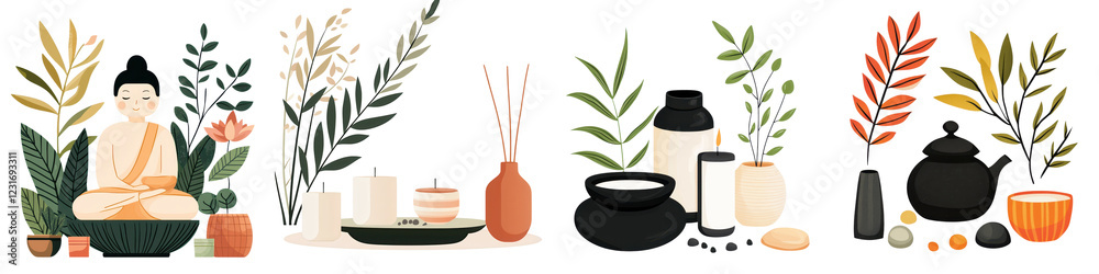 Peaceful Zen ritual with Buddha statue botanical elements and natural decor items Tranquil still life composition featuring plants leaves flowers candles and pottery in a minimalist serene setting Peaceful Zen ritual with Buddha statue botanical elements and natural decor items Tranquil still life composition featuring plants leaves flowers candles and pottery in a minimalist serene setting