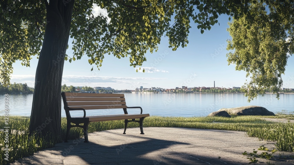 Photorealistic post modern interior with park bench showcasing stockholm archipelago on a sunny day Photorealistic post modern interior with park bench showcasing stockholm archipelago on a sunny day