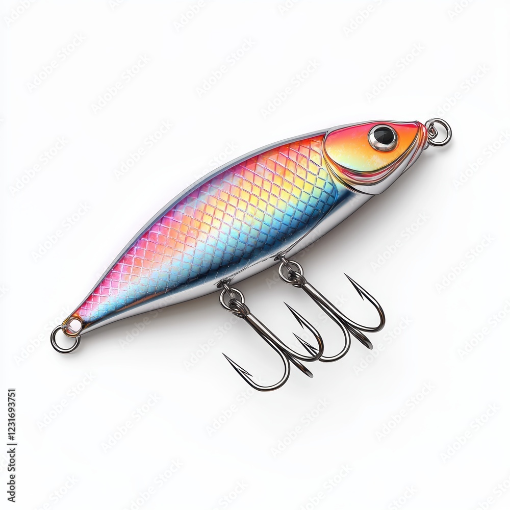 Shiny metallic fishing lure with treble hooks, isolated on a clean white background Shiny metallic fishing lure with treble hooks, isolated on a clean white background