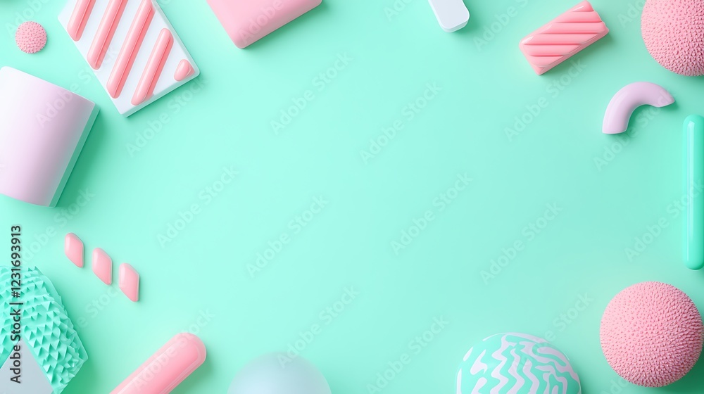 Colorful geometric shapes and patterns on pastel mint background for creative design and decor projects Colorful geometric shapes and patterns on pastel mint background for creative design and decor projects