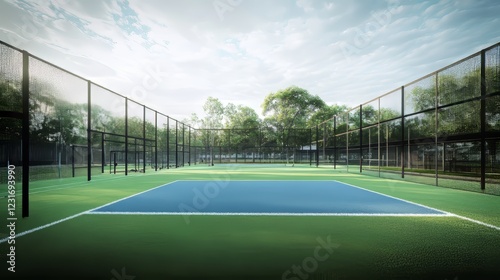 Modern cricket net practice facility with synthetic pitches surrounded by lush greenery and trees photo