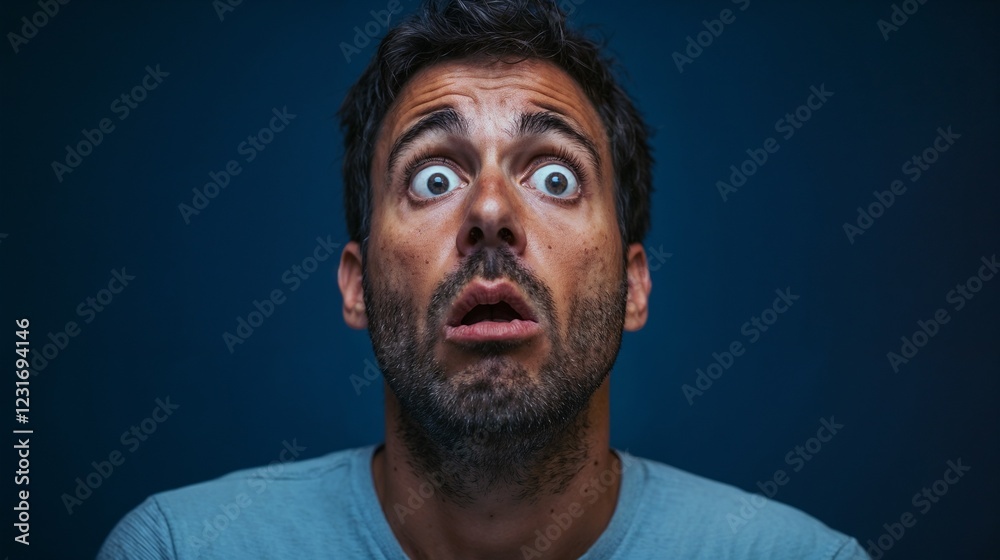 Man with shocked expression on dark background. Perfect for surprise emotion and authentic reaction content. Man with shocked expression on dark background. Perfect for surprise emotion and authentic reaction content.