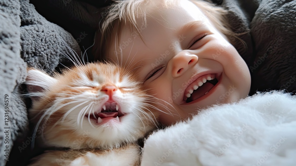 Happy Baby and Kitten Snuggle Together Under Blanket Happy Baby and Kitten Snuggle Together Under Blanket