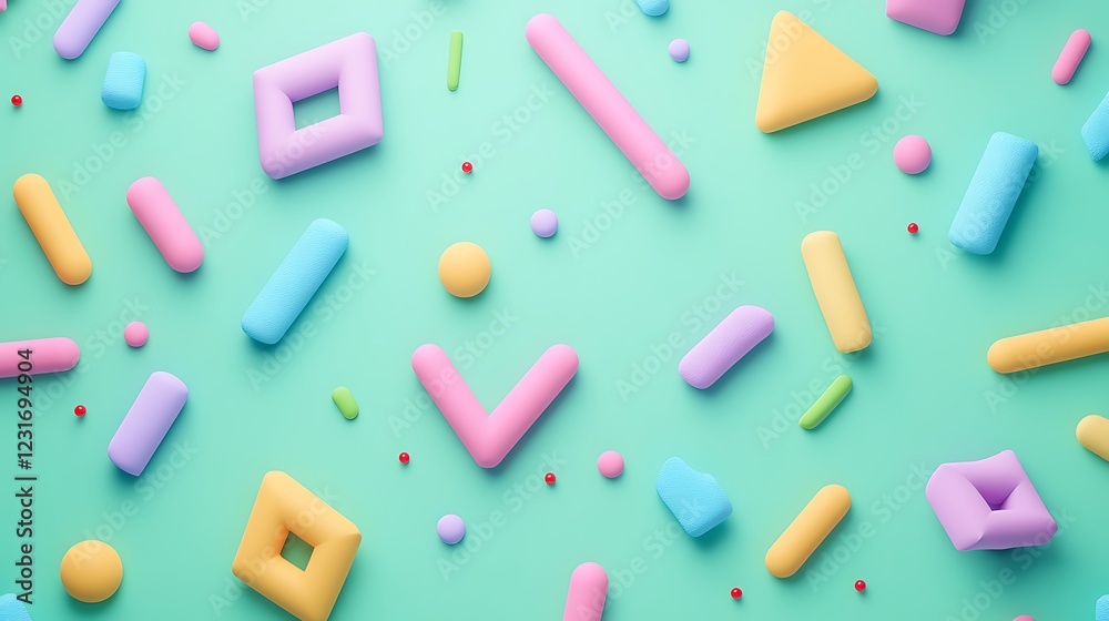 Colorful Geometric Shapes and Soft Objects on Pastel Green Background for Design and Creative Projects Colorful Geometric Shapes and Soft Objects on Pastel Green Background for Design and Creative Projects