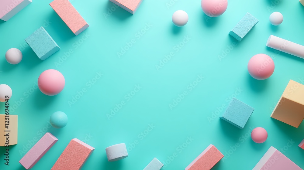 Colorful Geometric Shapes and Soft Pastel Balls on Vibrant Turquoise Background for Creative Design Projects Colorful Geometric Shapes and Soft Pastel Balls on Vibrant Turquoise Background for Creative Design Projects