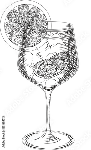 Spritz or limoncello cocktail vector illustration in sketch style. Hand drawn line art for menu and recipes. Monochrome engraving of traditional Italian aperitif.