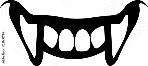 Minimalist illustration of a smiling vampire fanged mouth
