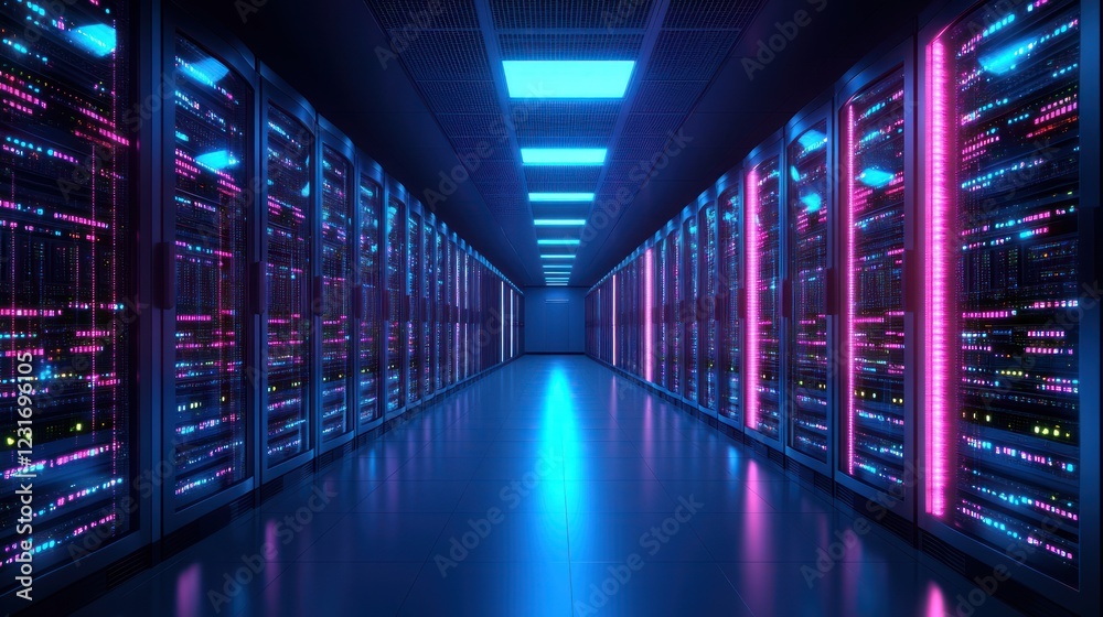 Fototapeta premium Servers glowing in data center hallway