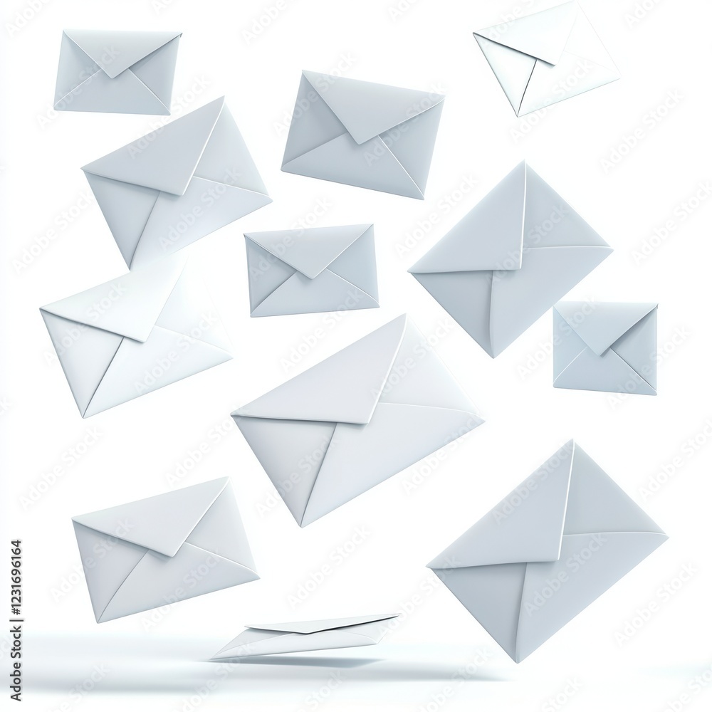 Floating White Envelopes in Air on a Clean White Background Floating White Envelopes in Air on a Clean White Background