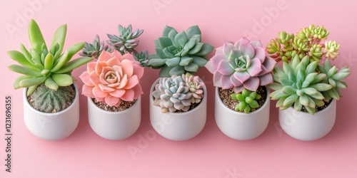 Wallpaper Mural Succulent plants arrangement on pastel colored background. Potted succulent house plants. Flat lay, top view, copy space Torontodigital.ca