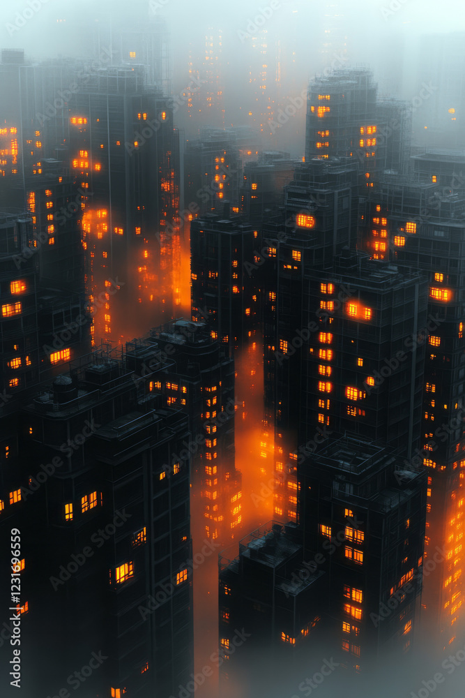 Fototapeta premium A high-resolution close-up zooming in on a hazy skyline, faintly revealing windows bathed in gentle yellow luminescence,